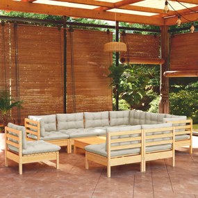 3096749 vidaXL Set mobilier grădină cu perne crem, 10 piese, lemn masiv de pin