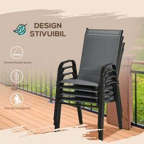 Outsunny Set de 4 Scaune de Grădină Stivuibile, Scaune de Exterior cu Cotiere din Metal și Țesătură Respirabilă, 54x75.5x95 cm, Gri | Aosom Romania