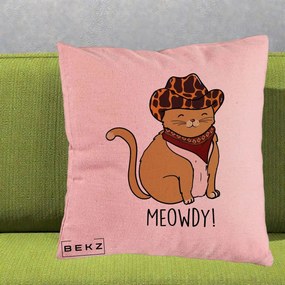 Perna Decorativa Pisica Cowboy Meowdy, 40x40 cm, Roz, Husa Detasabila, Perna Inclusa, BEKZ®