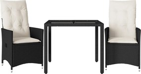 vidaXL Set bistro cu perne, 3 piese, negru, poliratan