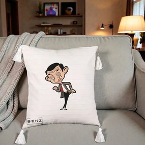 Perna Personalizata Mr. Bean Caricatura, 40x40 cm, Bej cu Franjuri, Husa Detasabila, Perna Inclusa, BEKZ®