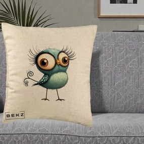 Perna Decorativa Pasare Teal cu Gene si Coada Spiralata, 40x40 cm, Bej, Husa Detasabila, Perna Inclusa, BEKZ®
