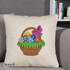 Perna Decorativa Cos cu Oua de Pasti Colorat, 40x40 cm, Bej Canapea, Husa Detasabila, Perna Inclusa, BEKZ®