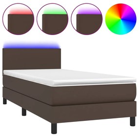 3134072 vidaXL Pat continental cu saltea și LED, maro, 80x200 cm, piele eco