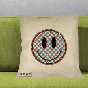 Perna Decorativa Smiley Face Checkered cu Floricele, 40x40 cm, Crem, Husa Detasabila, Perna Inclusa, BEKZ®