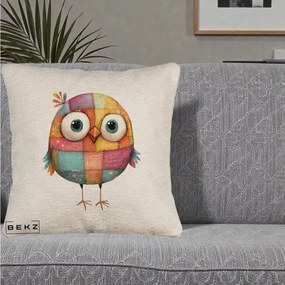 Perna Decorativa Pasare Patchwork Colorata, 40x40 cm, Bej Canapea, Husa Detasabila, Perna Inclusa, BEKZ®