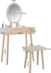 Masuta machiaj cu Oglinda LED si 2 Sertare pentru Cosmetice, Set Masa toaleta 70 cm, Alb, masuta cosmetica, vanity - SEM235