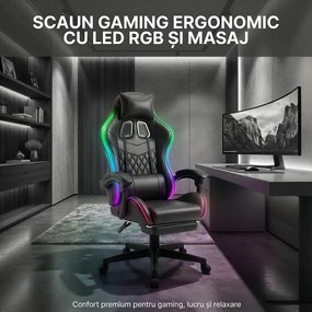 Scaun gaming, sistem iluminare bandă LED RGB, masaj în perna lombară, suport picioare, Negru