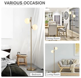HOMCOM Lampă de Podea cu 2 Lumini și Abajururi Sferice, Lampă de Podea cu Comutator de Picior, Soclu E27, 39x28x165 cm, Aur | Aosom Romania