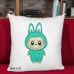 Perna Personalizata Labubu Turcoaz, 40x40 cm, Alb Pufos, Husa Detasabila, Perna Inclusa, BEKZ®