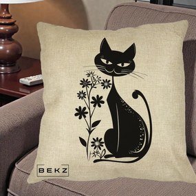 Perna Decorativa Pisica Neagra Grafica Minimalista, 40x40 cm, Crem, Husa Detasabila, Perna Inclusa, BEKZ®