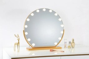 Oglindă cosmetică, sistem iluminare LED, 12 becuri, 3 culori, Senzor Tactil, Luminozitate Reglabilă, Auriu