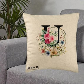 Cadou Personalizat - Perna Personalizata Monogram Litera U cu Flori Acuarela, 40x40 cm, Bej, Husa Detasabila, Perna Inclusa, BEKZ®