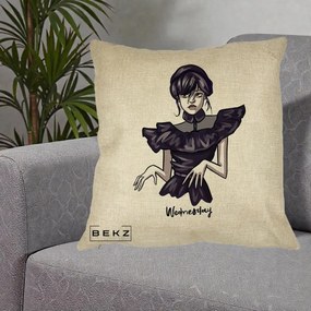 Perna Personalizata Wednesday Addams Dans Gotic, 40x40 cm, Crem, Husa Detasabila, Perna Inclusa, BEKZ®