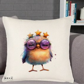 Perna Decorativa Pui Pop Star cu Ochelari Stele Violet, 40x40 cm, Crem Reliefat, Husa Detasabila, Perna Inclusa, BEKZ®