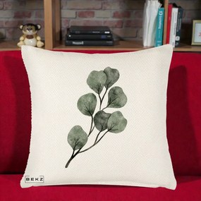 Perna Decorativa Ramura Eucalipt Acuarela, 40x40 cm, Crem Reliefat, Husa Detasabila, Perna Inclusa, BEKZ®