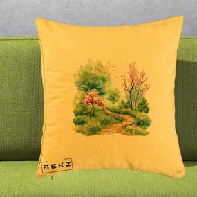 Perna Decorativa Gradina Primavara Acuarela, 40x40 cm, Galben, Husa Detasabila, Perna Inclusa, BEKZ®