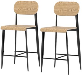 HOMCOM Set de 2 taburete de bar, înalte 65H cm cu spătar, structură din oțel, efect de lemn natural | Aosom Romania