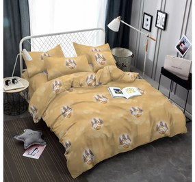 Lenjerie de pat microfibra galbena Brazi si ornamente + cearsaf din microplus SOFT 90x200 cm alb