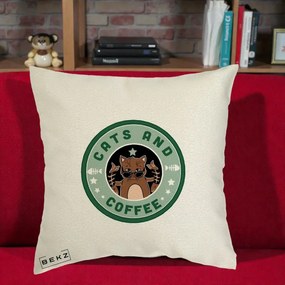 Perna Personalizata Cats and Coffee Starbucks, 40x40 cm, Ecru, Husa Detasabila, Perna Inclusa, BEKZ®