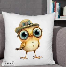 Perna Decorativa Pui Elegant cu Palarie Teal, 40x40 cm, Alb Pufos, Husa Detasabila, Perna Inclusa, BEKZ®