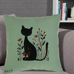 Perna Decorativa Pisica Neagra Flori Rosii Folk Minimal, 40x40 cm, Verde, Husa Detasabila, Perna Inclusa, BEKZ®