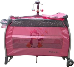 Patut Pliabil rotund cu balansoar, Tarc copii Baby Care™ PRO FRW, 2 Niveluri de inaltime, Cu melodii si Masa infasat, Carusel cu jucarii din plus,