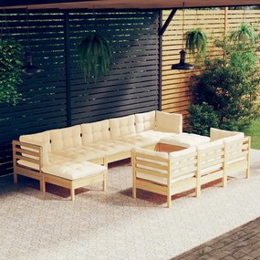 3097139 vidaXL Set mobilier grădină cu perne crem, 10 piese, lemn masiv de pin