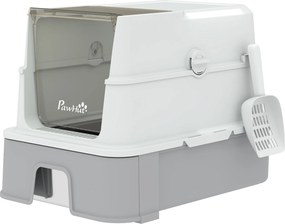 PawHut Litieră Acoperită 3 în 1 pentru Pisici, 68 L, cu Capac, Tavă Detașabilă din Oțel Inoxidabil, Lopățică, Alb și Gri | Aosom Romania