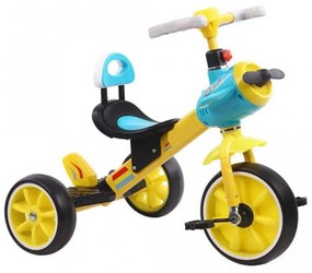 Tricicleta cu pedale NOVOKIDS™ Plane Trike, Cu melodii si lumini, Max 30 kg, Roti din spuma cauciucata, Cadru metalic, Model avion, Galben