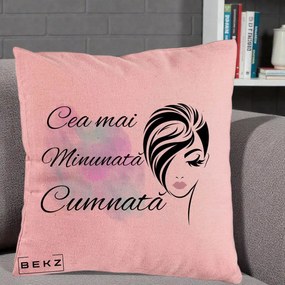 Cadou pentru Cumnata - Perna Personalizata Cea mai Minunata Cumnata cu Silueta Dama si Pete Multicolor, 40x40 cm, Roz, Husa Detasabila, Perna Inclusa, BEKZ®