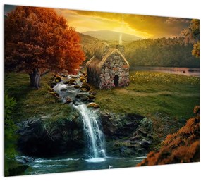 Tablou cu căbănuță în peisaj de poveste (70x50 cm)