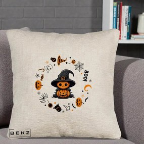 Perna Decorativa Halloween Dovleac Vrajitor Boo cu Simboluri, 40x40 cm, Bej Canapea, Husa Detasabila, Perna Inclusa, BEKZ®