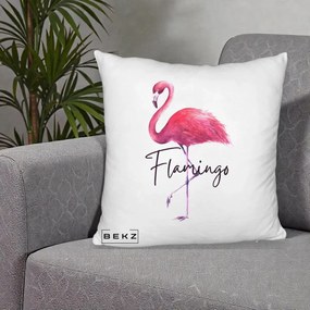 Perna Decorativa Flamingo Acuarela, 40x40 cm, Alb Pufos, Husa Detasabila, Perna Inclusa, BEKZ®