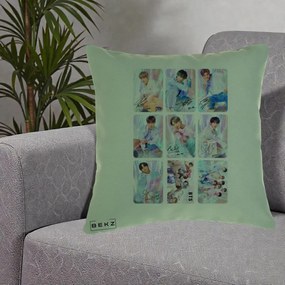 Perna Personalizata K-pop BTS Colaj 9 Fotografii Autografe Individual, 40x40 cm, Verde, Husa Detasabila, Perna Inclusa, BEKZ®