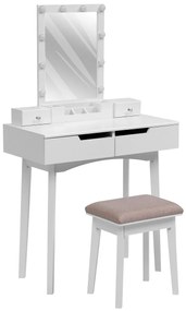 Set Kasia, Masa de toaleta pentru machiaj, cu oglinda iluminata 10 becuri LED, 4 sertare, scaun, Alb