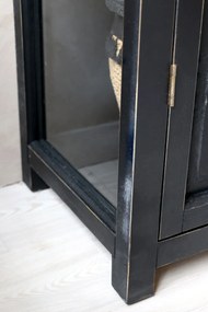 Vitrină vintage din lemn de pin, cu uși din sticlă și rafturi, finisaj negru antichizat, H170/L97/l41 cm
