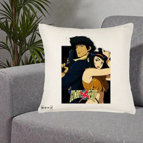 Perna Personalizata Cowboy Bebop Spike si Faye Poster, 40x40 cm, Crem Reliefat, Husa Detasabila, Perna Inclusa, BEKZ®