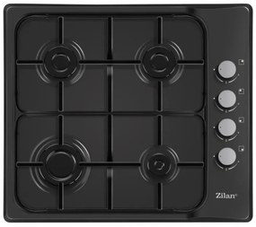 Plită încorporată Zilan ZLN 0034, 4 arzătoare cu gaz, 7.35 kW, Gaz natural sau propan-butan, 60x50 cm, Grătar din fontă, Protecție împotriva scurgerilor de gaz, Negru