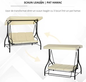 Outsunny Balansoar de Gradina 3 Locuri, Balansoar Pat pentru Exterior cu Copertina Reglabila, din Metal si tesut Teslin, Bej si Negru