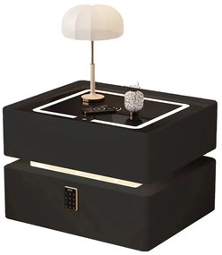 RESIGILAT- Noptieră inteligentă multifuncțională, sertar tip seif cu blocare cu parolă, încărcare Wireless, difuzor Bluetooth, iluminare LED touch în 3 culori, Negru