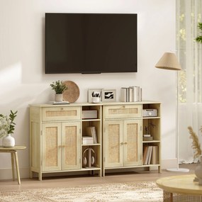 HOMCOM Bufet, mobilier de depozitare, 2 uși din ratan, sertar, nișe deschise, polițe reglabile, 75x30x79,5cm, lemn natural | Aosom Romania