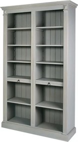 Bibliotecă înaltă din lemn, gri, cu 10 rafturi deschise, dintre care 2 culisante, și pilaștri cu caneluri, 197 x 120 x 37 cm, „Oslo”