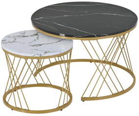 Set de Măsuțe de Cafea Moderne cu Îmbinare, Măsuțe cu Finisaj Efect de Marmură și Structură Metalică Aurie, 70x70x45 cm și 45x45x40 cm, Negru