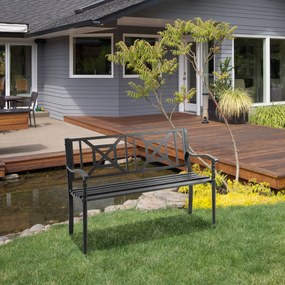 Outsunny Bancă de Exterior din Oțel pentru 2 Persoane, Spătar Înalt, Cotiere Confortabile, 128x62.5x81.5 cm, Negru | Aosom Romania