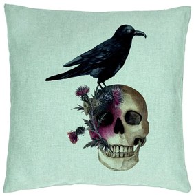 Perna Decorativa cu motiv Craniu si Cioara de Halloween, 40x40 cm, Verde Menta, Husa Detasabila, Burduf