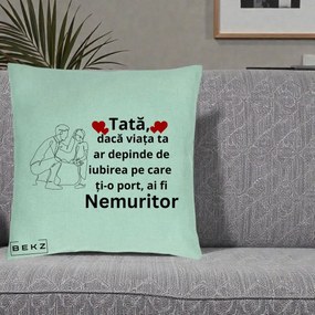 Cadou pentru Tata - Perna Personalizata Tata Nemuritor cu Inimi Rosii, 40x40 cm, Verde Menta, Husa Detasabila, Perna Inclusa, BEKZ®