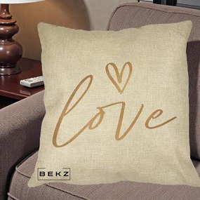 Perna Decorativa Love Caligrafie Aurie, 40x40 cm, Crem, Husa Detasabila, Perna Inclusa, BEKZ®