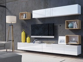 Camera de zi Providence B149Alb, Stejar auriu, Alb lucios, Cu comodă tv, Cu componente suplimentare, Părți separate, PAL laminat, 300x43cm, 93 kg