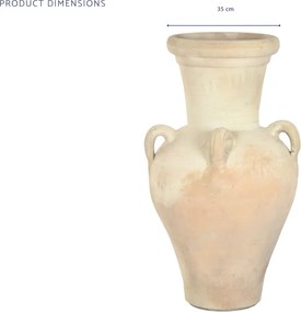 Vas decorativ amforă din teracotă artizanală, finisaj craft brut alb-crem, cu 4 anse, 54×54×100 cm, „Jerba"